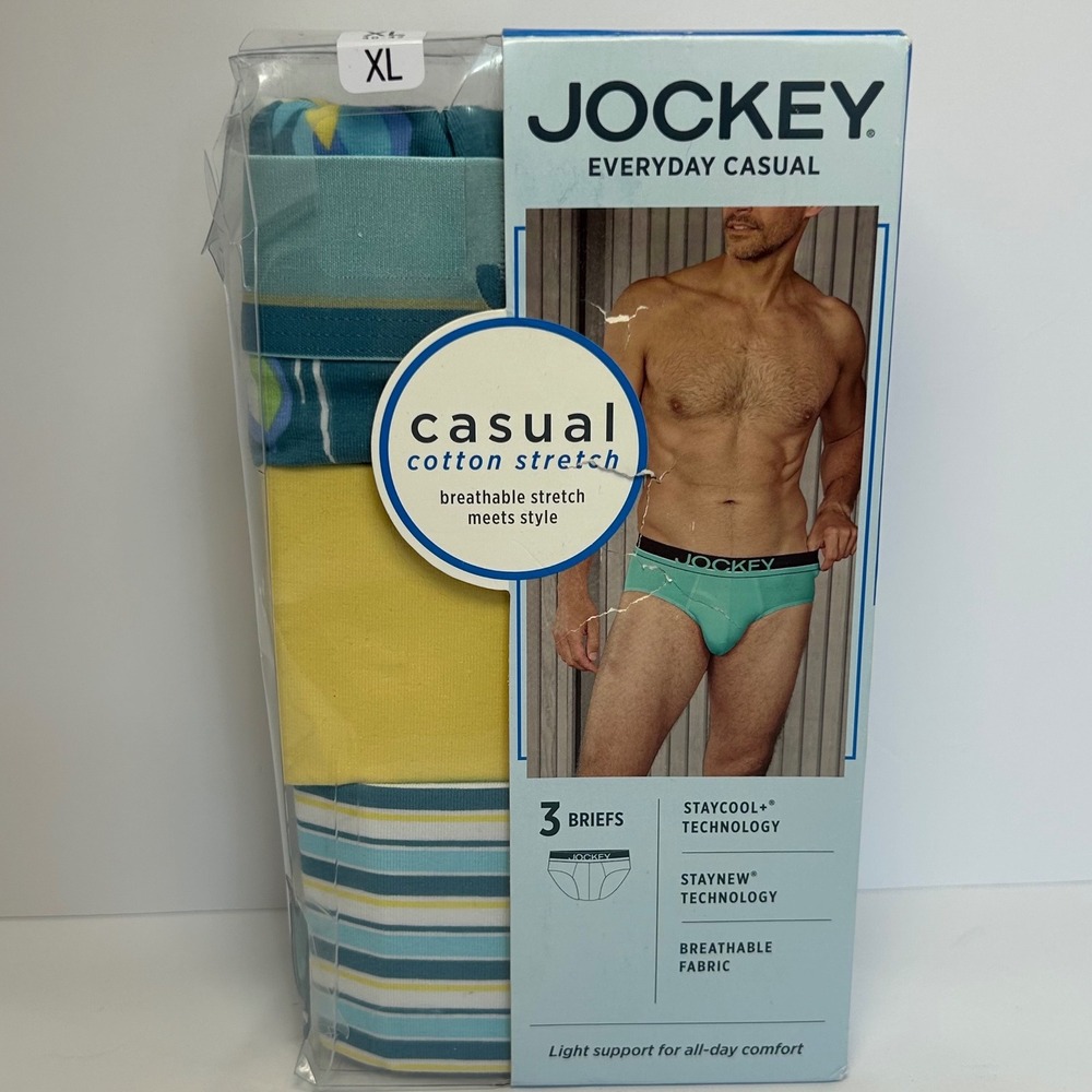Jockey Everyday Casual Briefs 3-Pack Cotton Stretch XL Teal Yellow Stripe New